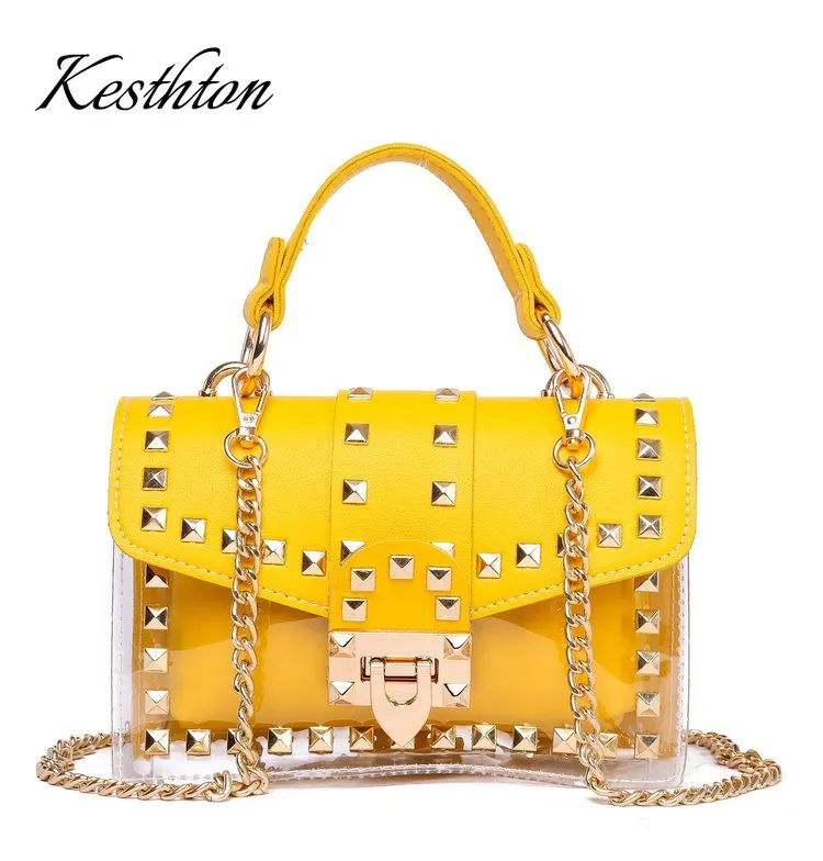 2019 New chains rivet women handbags small white black pink yellow blue pvc hasp handbags summer soft shoulder bags cross body