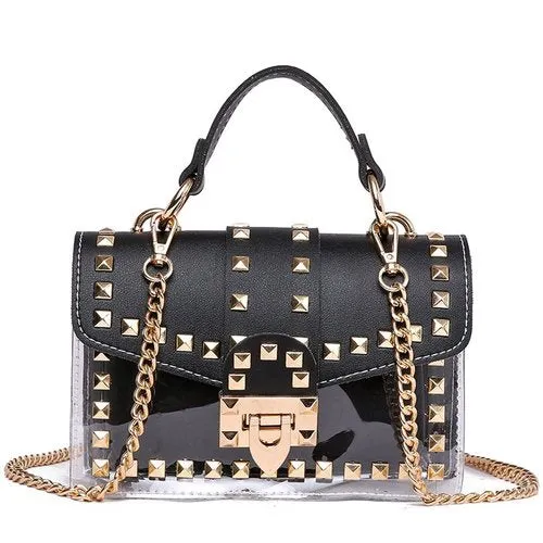 2019 New chains rivet women handbags small white black pink yellow blue pvc hasp handbags summer soft shoulder bags cross body