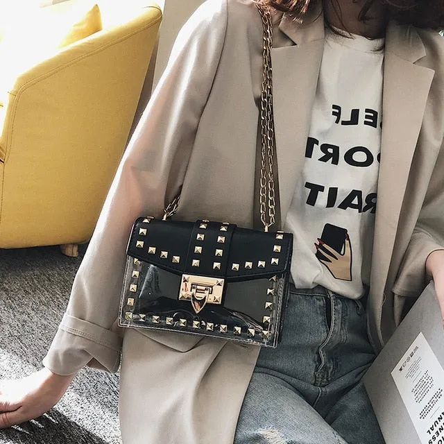 2019 New chains rivet women handbags small white black pink yellow blue pvc hasp handbags summer soft shoulder bags cross body