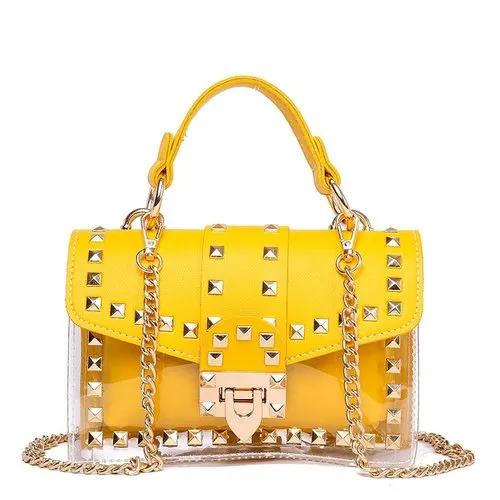 2019 New chains rivet women handbags small white black pink yellow blue pvc hasp handbags summer soft shoulder bags cross body