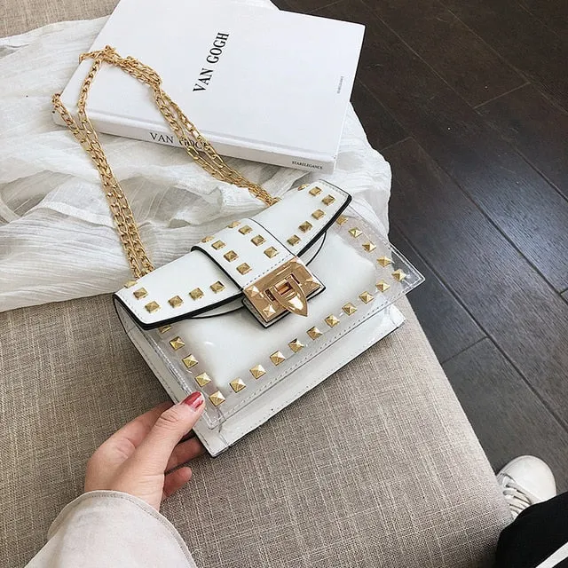 2019 New chains rivet women handbags small white black pink yellow blue pvc hasp handbags summer soft shoulder bags cross body