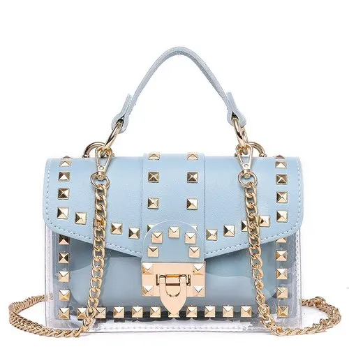 2019 New chains rivet women handbags small white black pink yellow blue pvc hasp handbags summer soft shoulder bags cross body