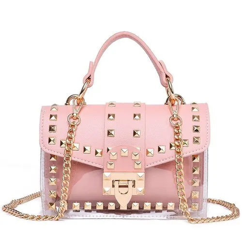 2019 New chains rivet women handbags small white black pink yellow blue pvc hasp handbags summer soft shoulder bags cross body