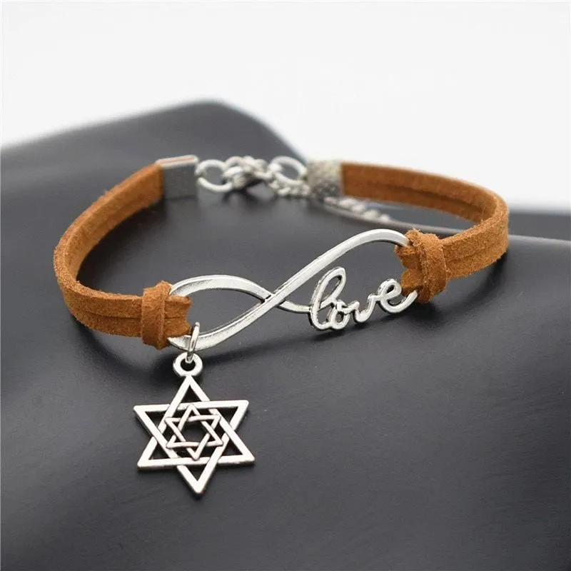 Antique Silver Star of David Charms Leather Bracelets Infinity Love Jewish Jewelry