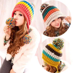 Autumn Winter Hats With Ears Multicolor Rainbow Brand Hat Women Turban Head knitted Skullies Beanie Hat for Girls Gorros