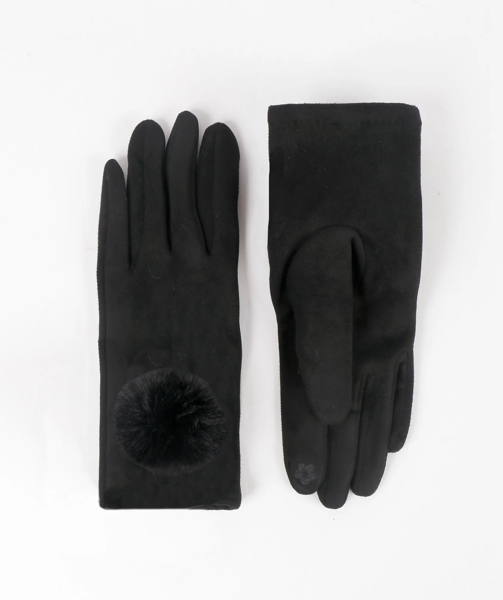 Black Faux Suede Pom Pom Gloves