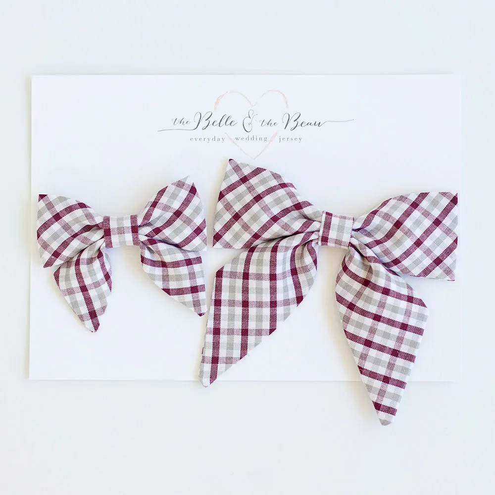 Boy's Bow Tie / Grey And Burgundy Plaid