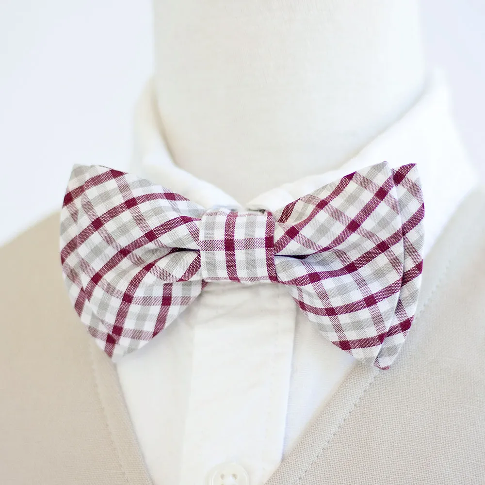 Boy's Bow Tie / Grey And Burgundy Plaid