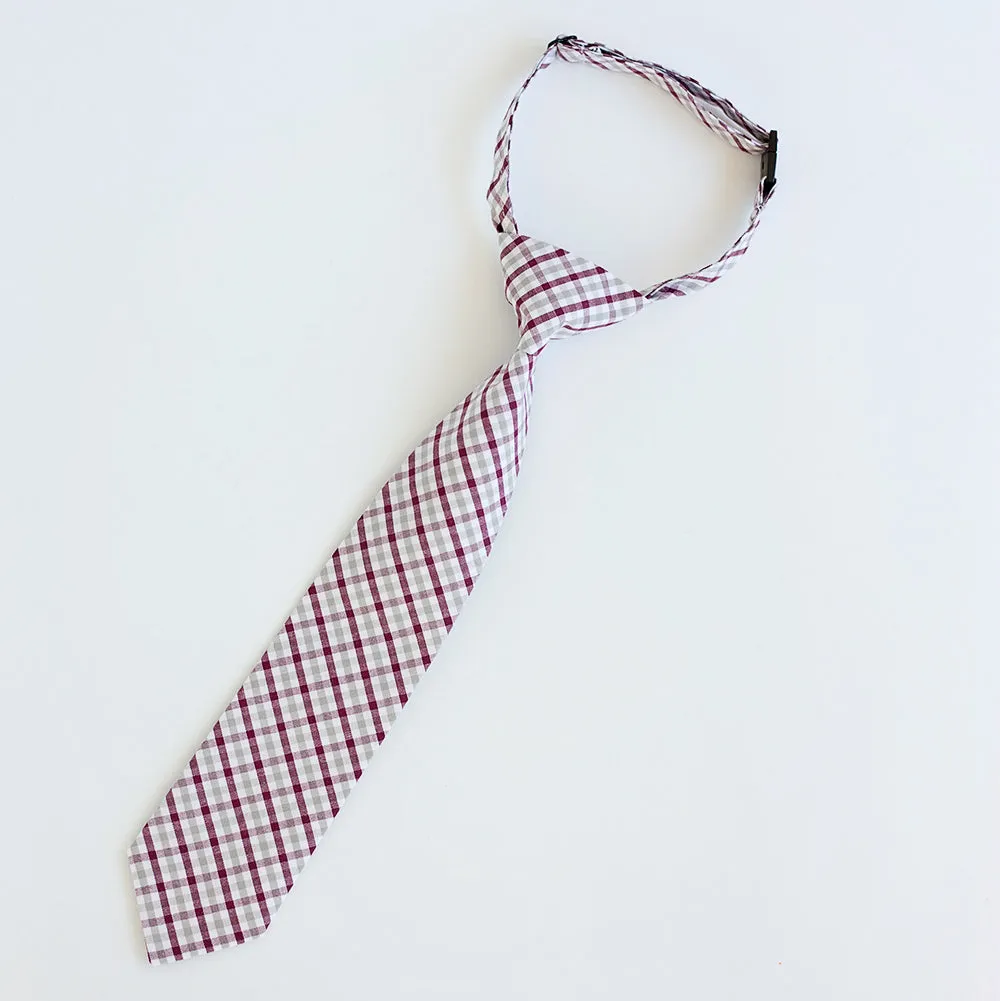 Boy's Necktie / Grey And Burgundy Plaid