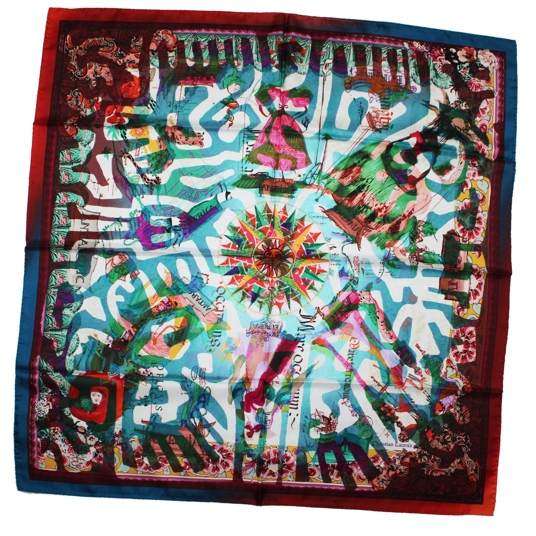 Christian Lacroix Scarf Red Blue Green Models - Large 36 Inch Square Twill Silk Scarf