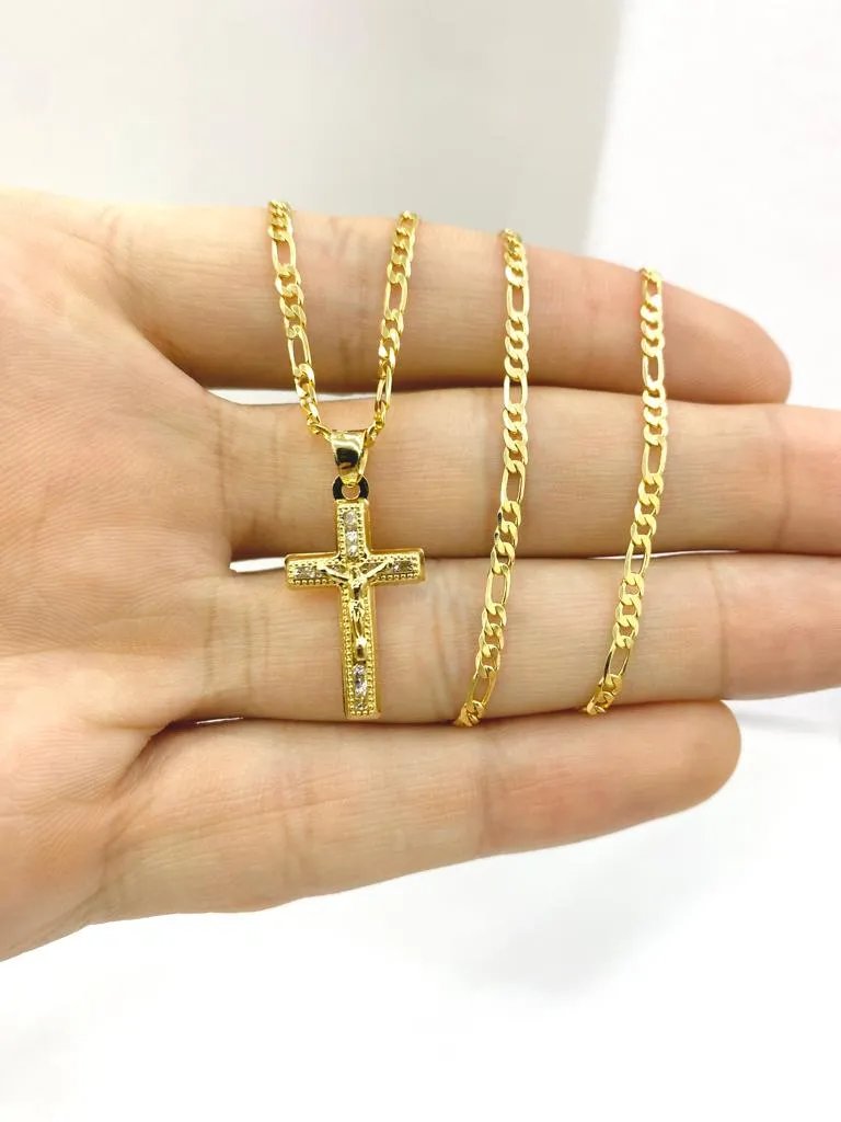 CZ Cross Pendant Charm Necklace Figaro Chain 24x14mm Jesus Christ Religious Medal Protection