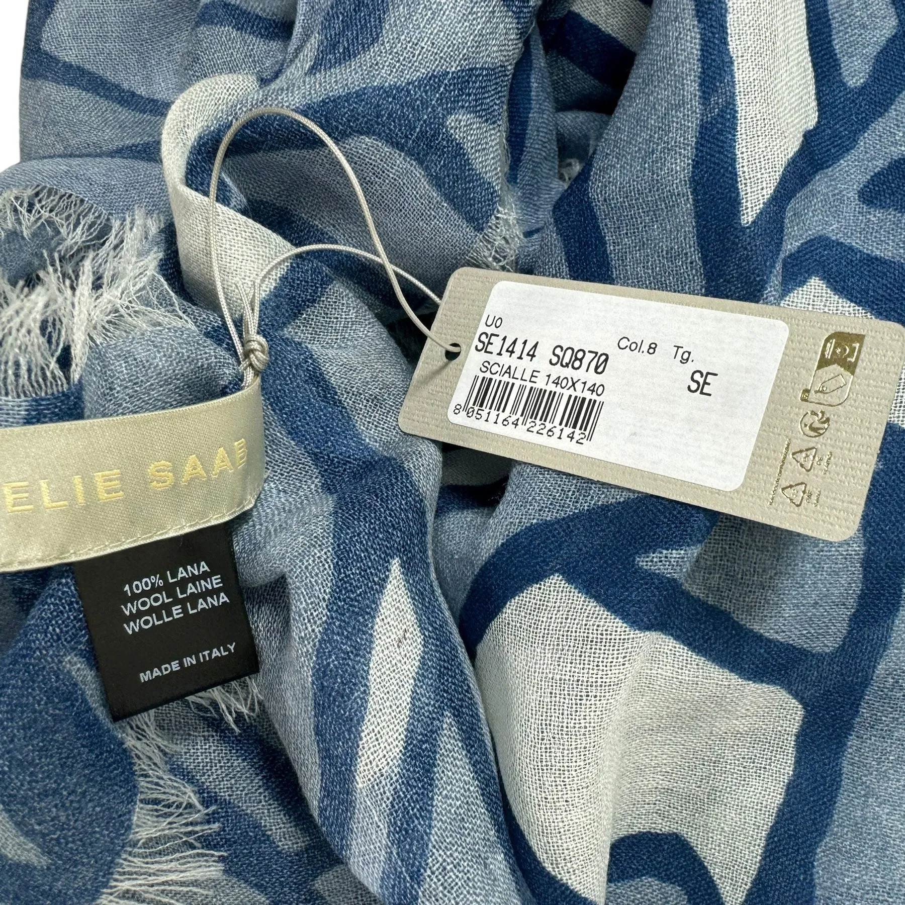 Elie Saab Wool Scarf Gray Blue Design - Extra Large 55 Inch Square Shawl SALE