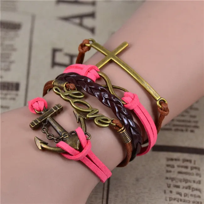 Fashion Vintage Infinity Anchor Hook Artificial Leather Bracelet Men Women Bracelets & Bangles Jewelry