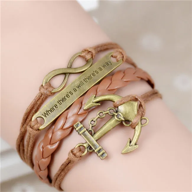 Fashion Vintage Infinity Anchor Hook Artificial Leather Bracelet Men Women Bracelets & Bangles Jewelry