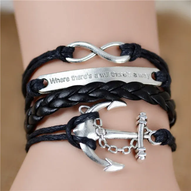 Fashion Vintage Infinity Anchor Hook Artificial Leather Bracelet Men Women Bracelets & Bangles Jewelry