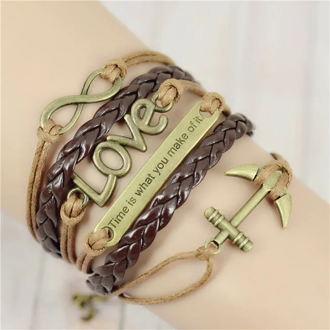 Fashion Vintage Infinity Anchor Hook Artificial Leather Bracelet Men Women Bracelets & Bangles Jewelry