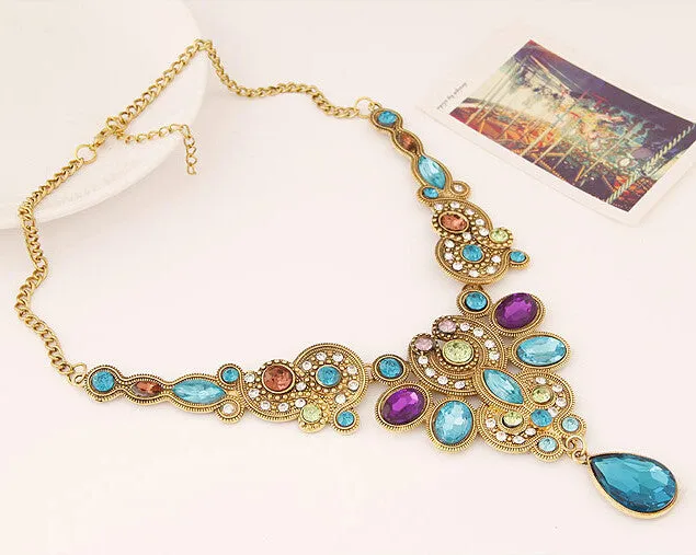 Fine Jewelry Long Blue Maxi Crystal Necklace for Women Vintage Gold Statement Necklaces & Pendants Indian Choker Colar