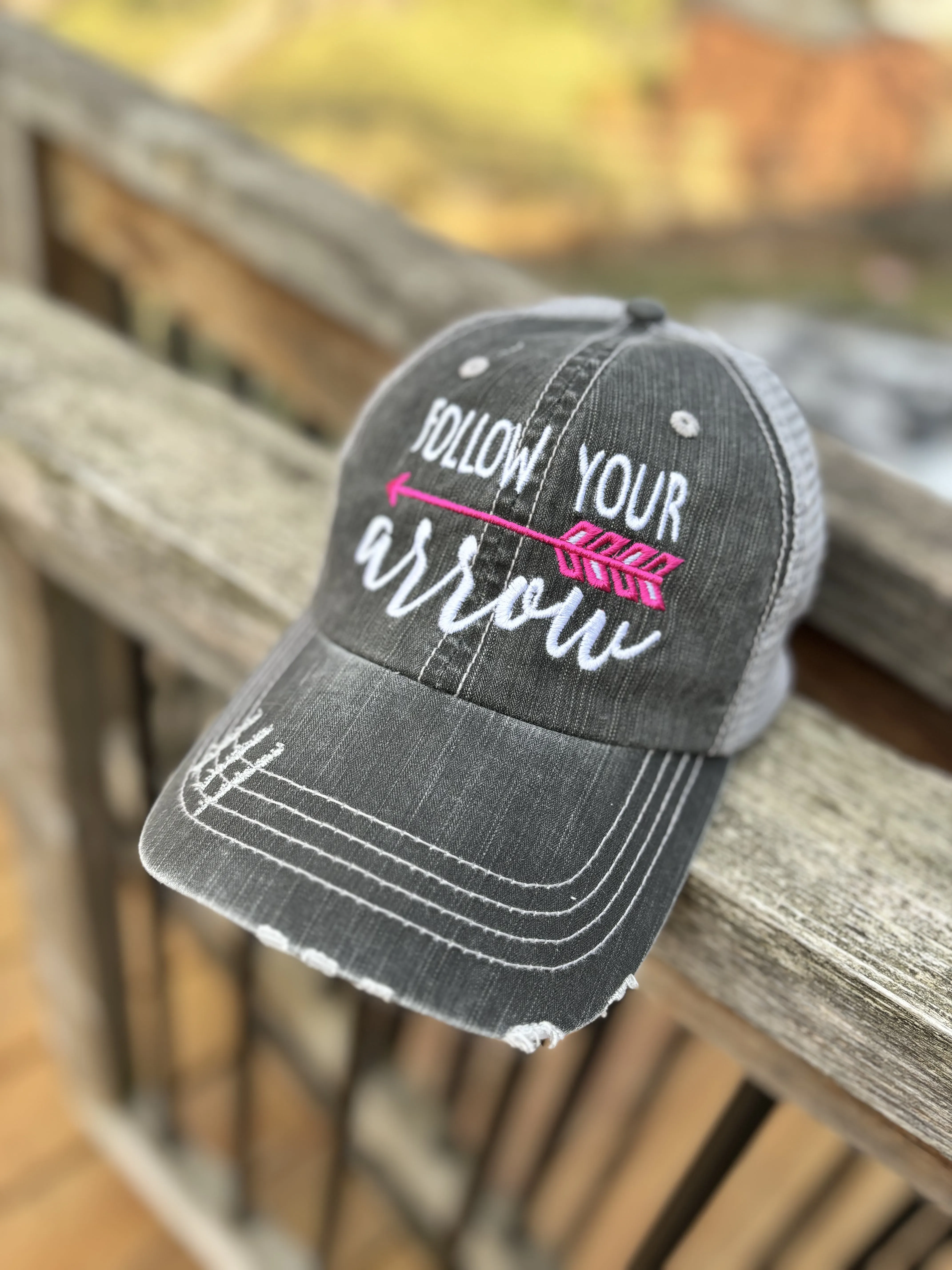 Follow your arrow HATS Embroidered distressed gray trucker caps Unisex Pink or teal arrow Adventures Hiking Path of life