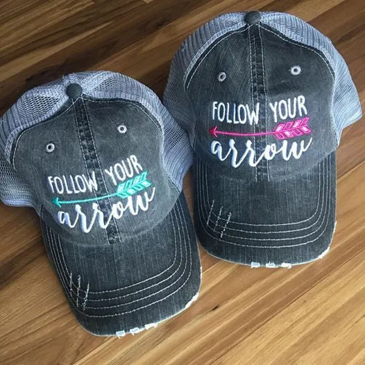 Follow your arrow HATS Embroidered distressed gray trucker caps Unisex Pink or teal arrow Adventures Hiking Path of life