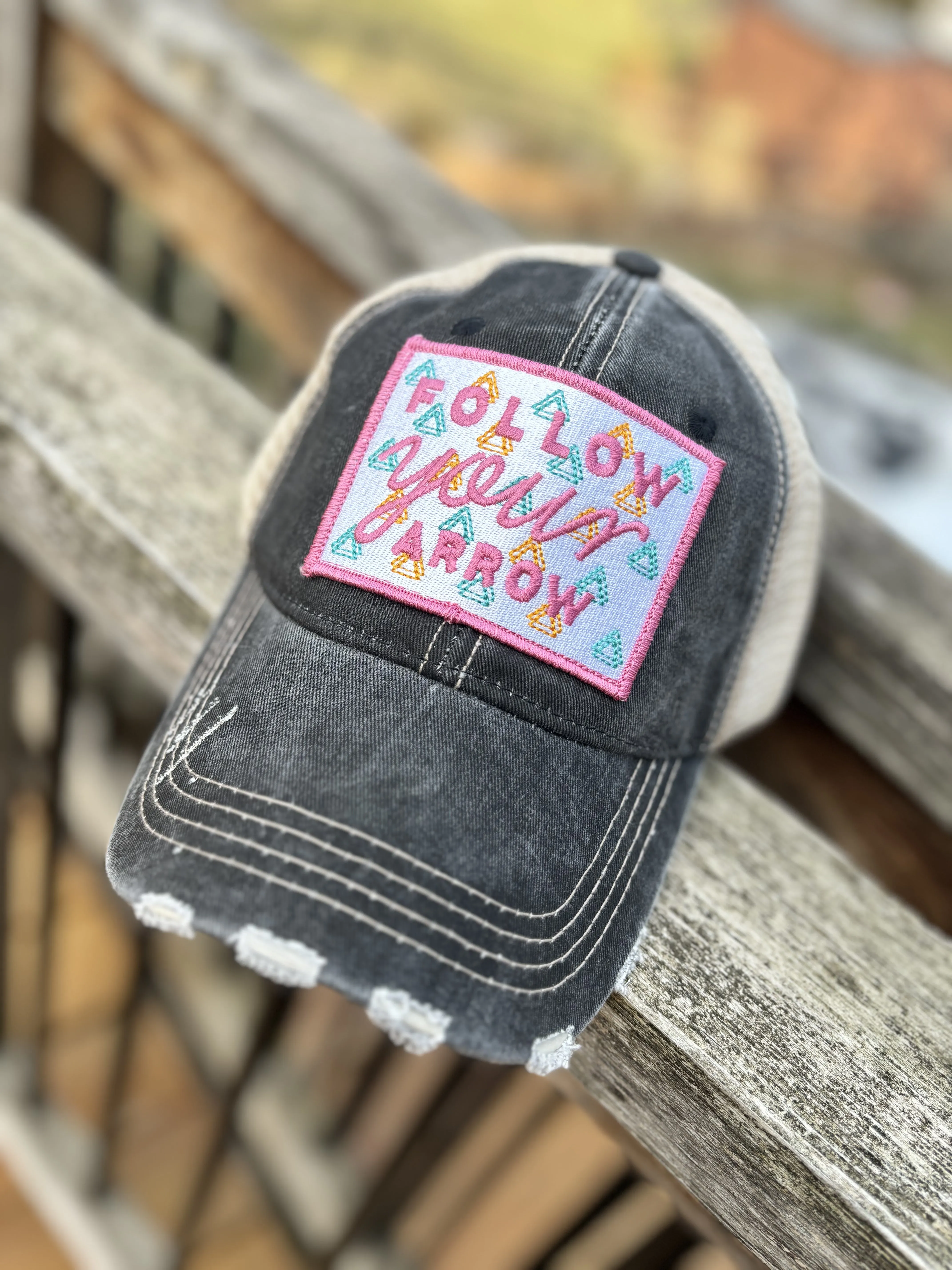 Follow your arrow HATS Embroidered distressed gray trucker caps Unisex Pink or teal arrow Adventures Hiking Path of life