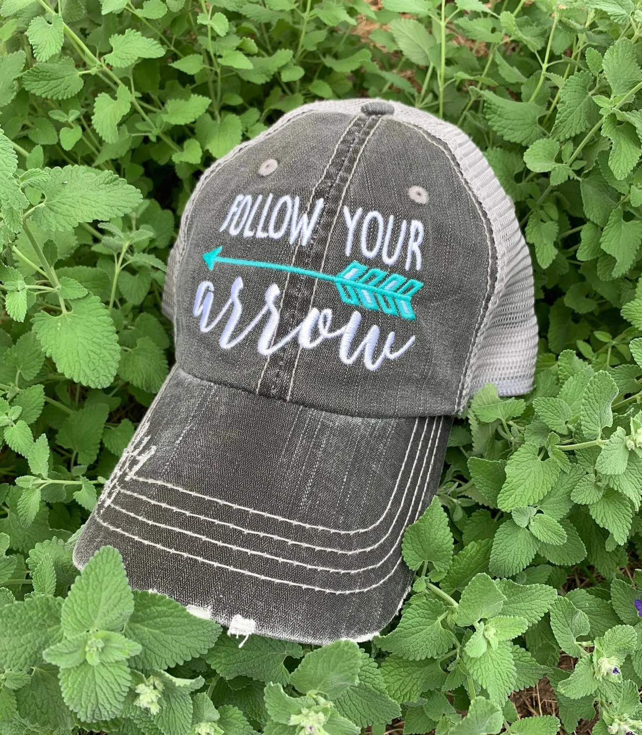 Follow your arrow HATS Embroidered distressed gray trucker caps Unisex Pink or teal arrow Adventures Hiking Path of life