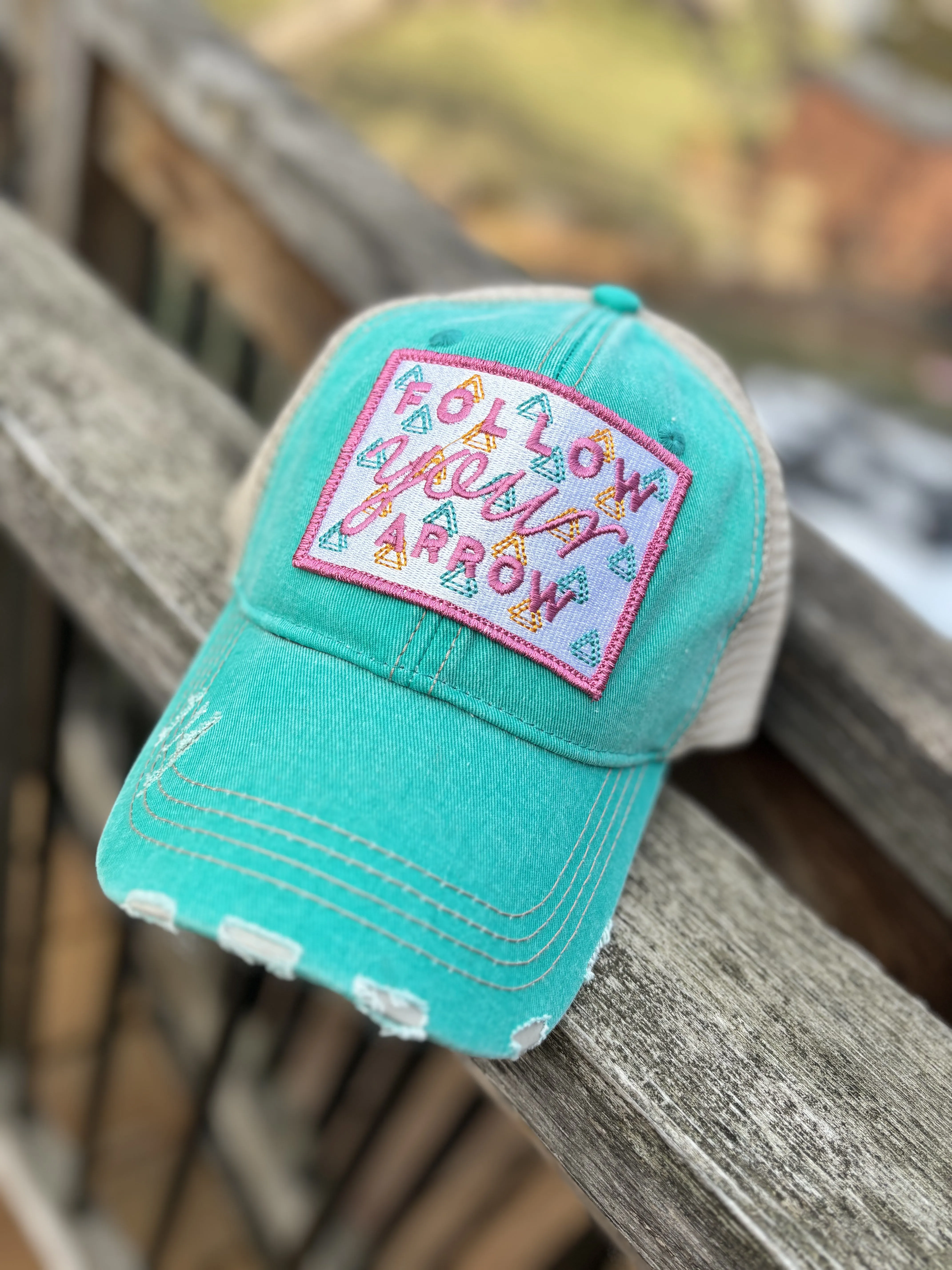 Follow your arrow HATS Embroidered distressed gray trucker caps Unisex Pink or teal arrow Adventures Hiking Path of life