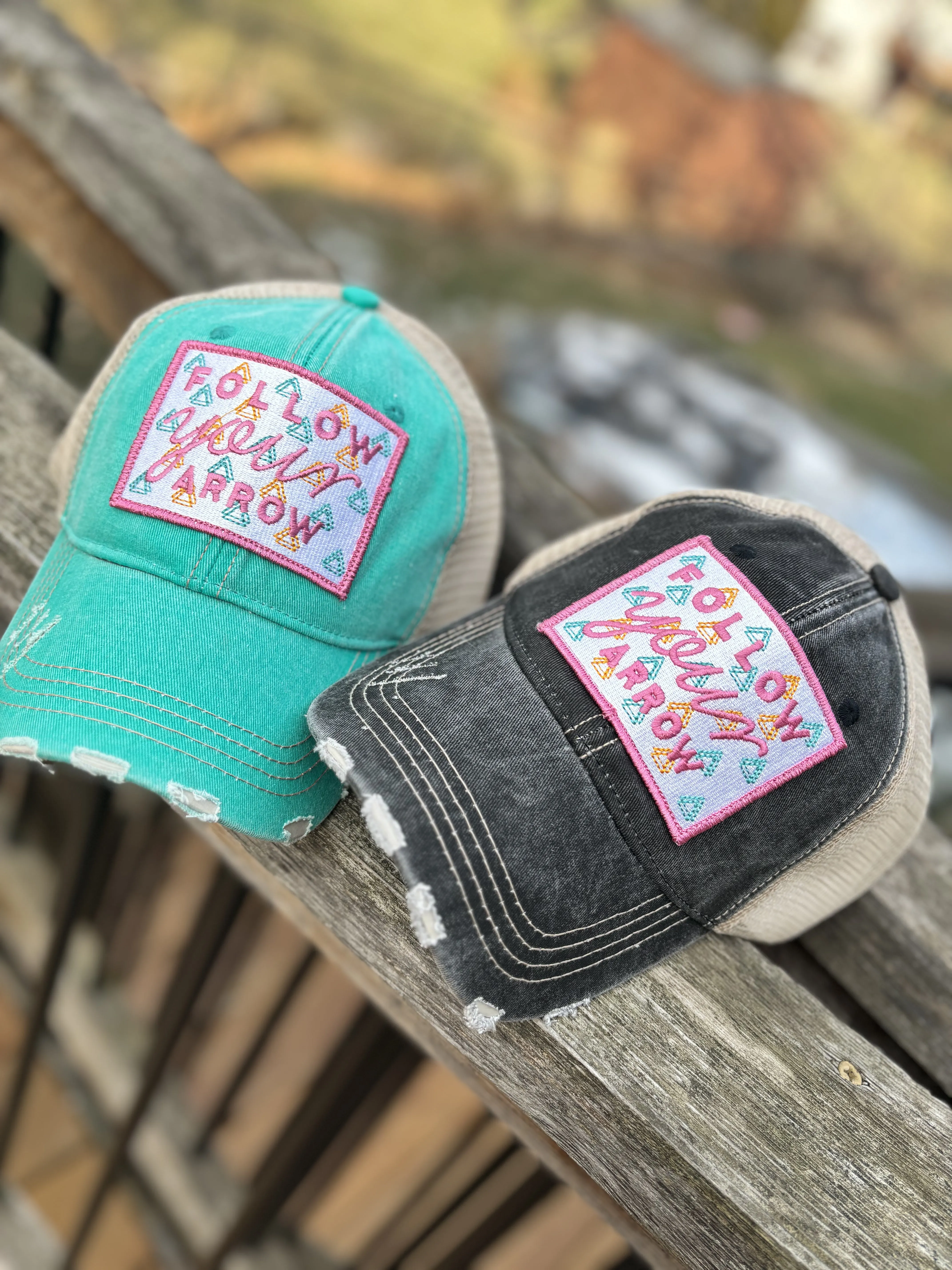 Follow your arrow HATS Embroidered distressed gray trucker caps Unisex Pink or teal arrow Adventures Hiking Path of life