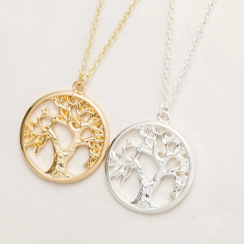 Gold and Silver Plated Tree of Life Pendant Necklace Cute Tiny Tree in Circle Necklaces