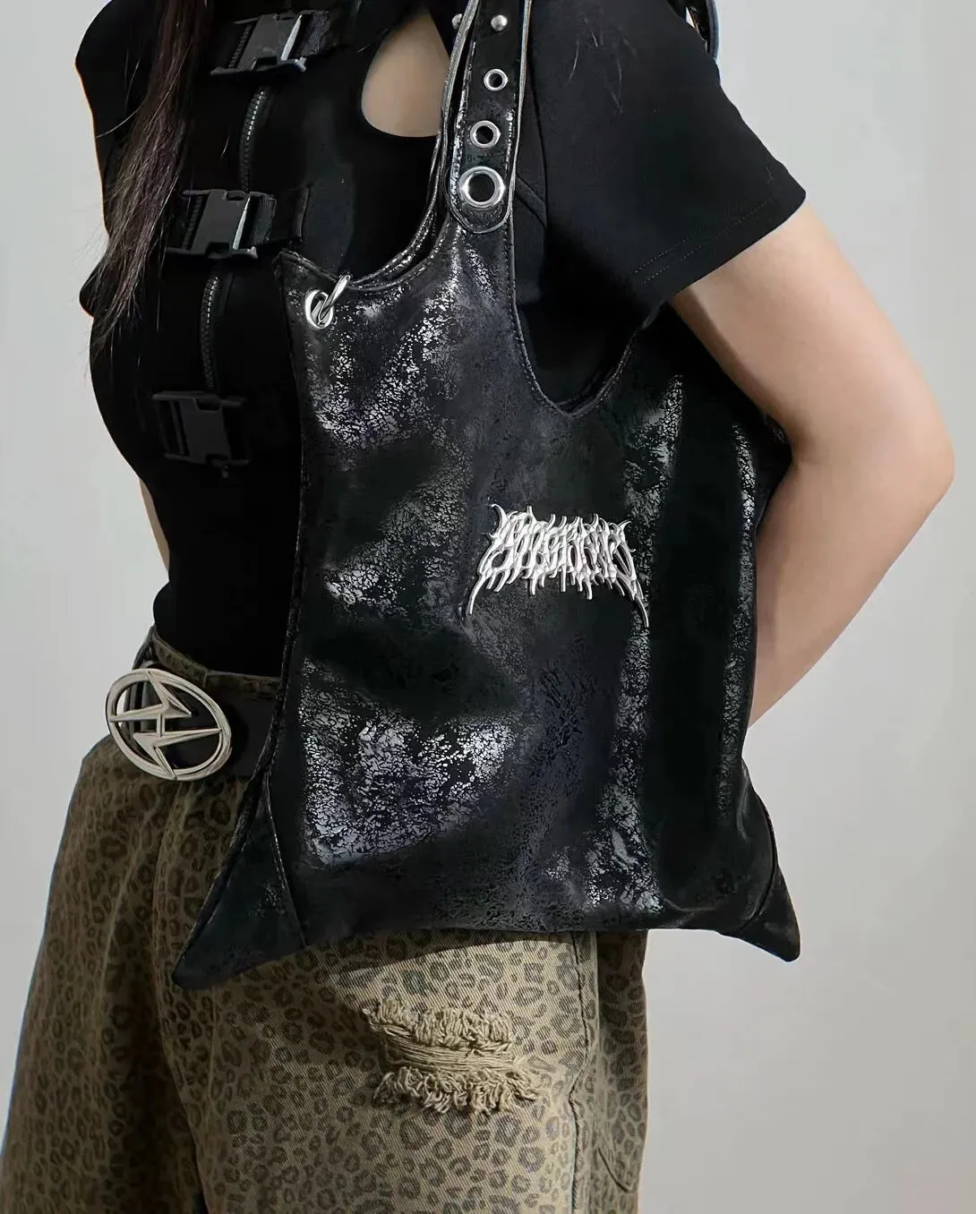 Gothic Grunge Black PU Leather Large Capacity Shoulder Bag