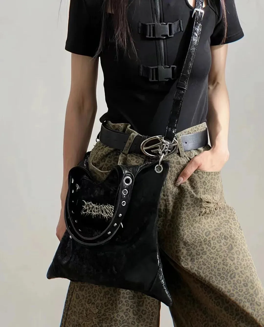 Gothic Grunge Black PU Leather Large Capacity Shoulder Bag