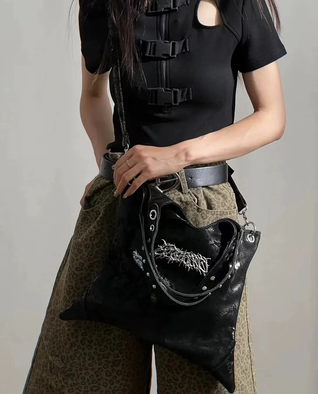 Gothic Grunge Black PU Leather Large Capacity Shoulder Bag