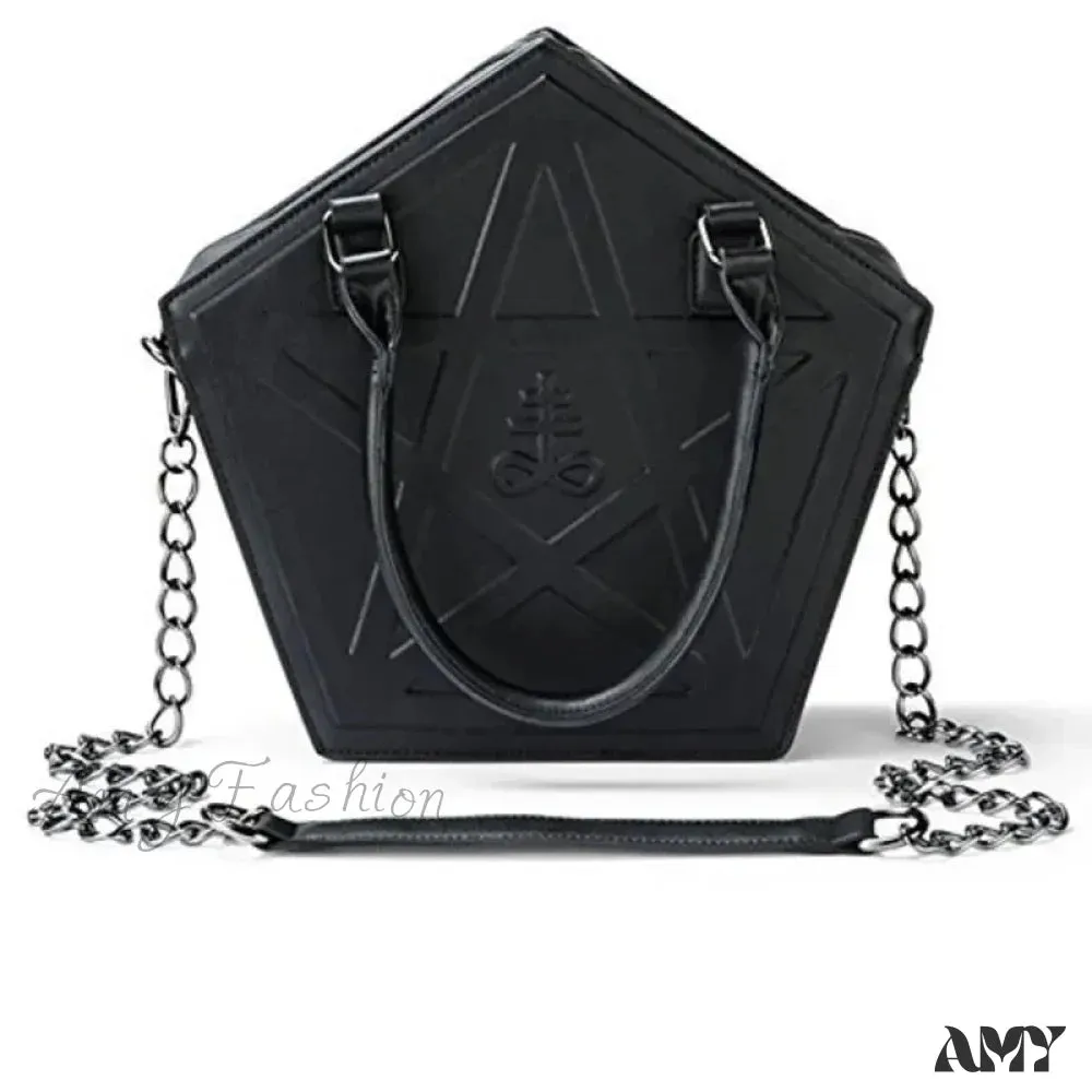 Gothic Leather Pentagram Punk Chain Black Women Darkness Star Handbag Soft