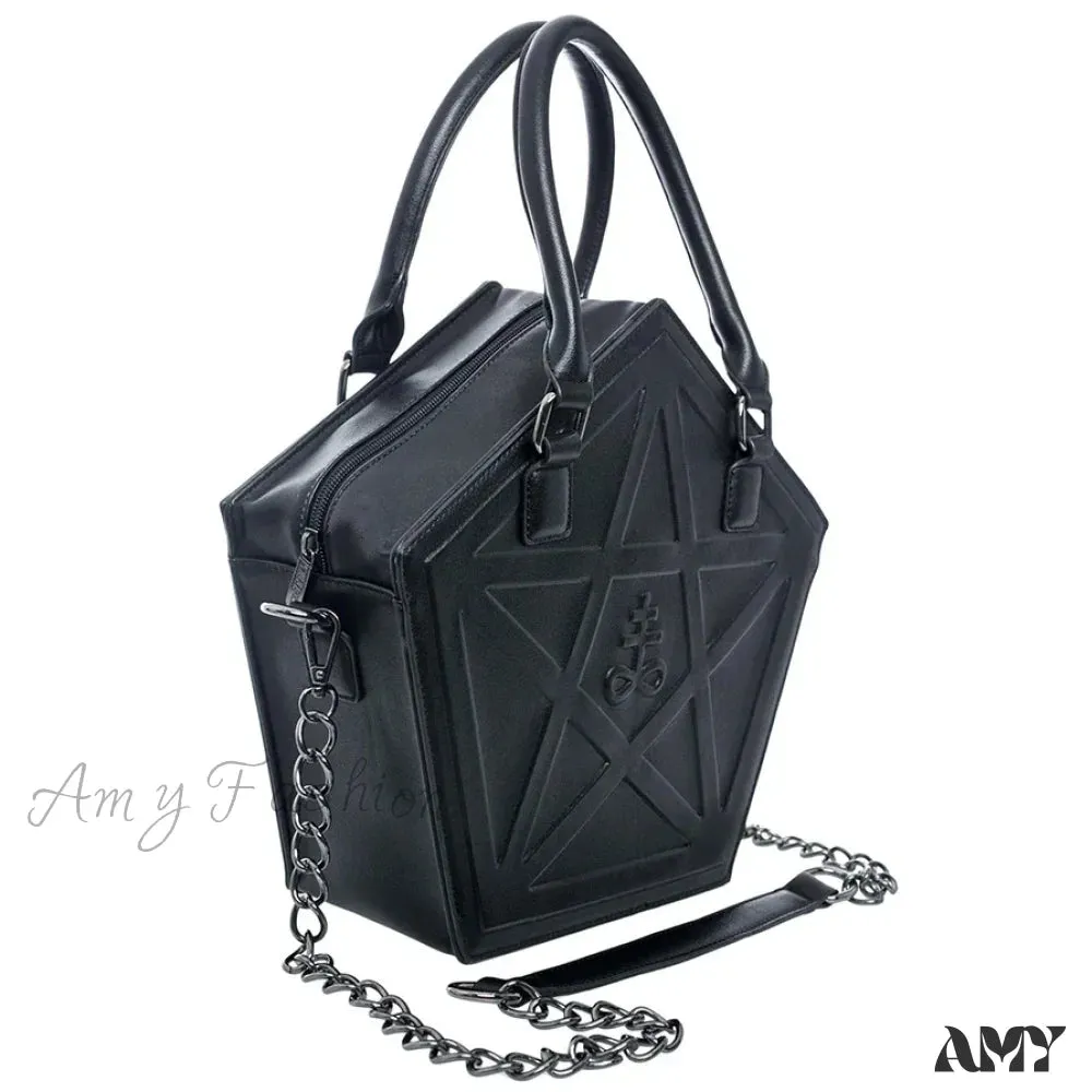 Gothic Leather Pentagram Punk Chain Black Women Darkness Star Handbag Soft