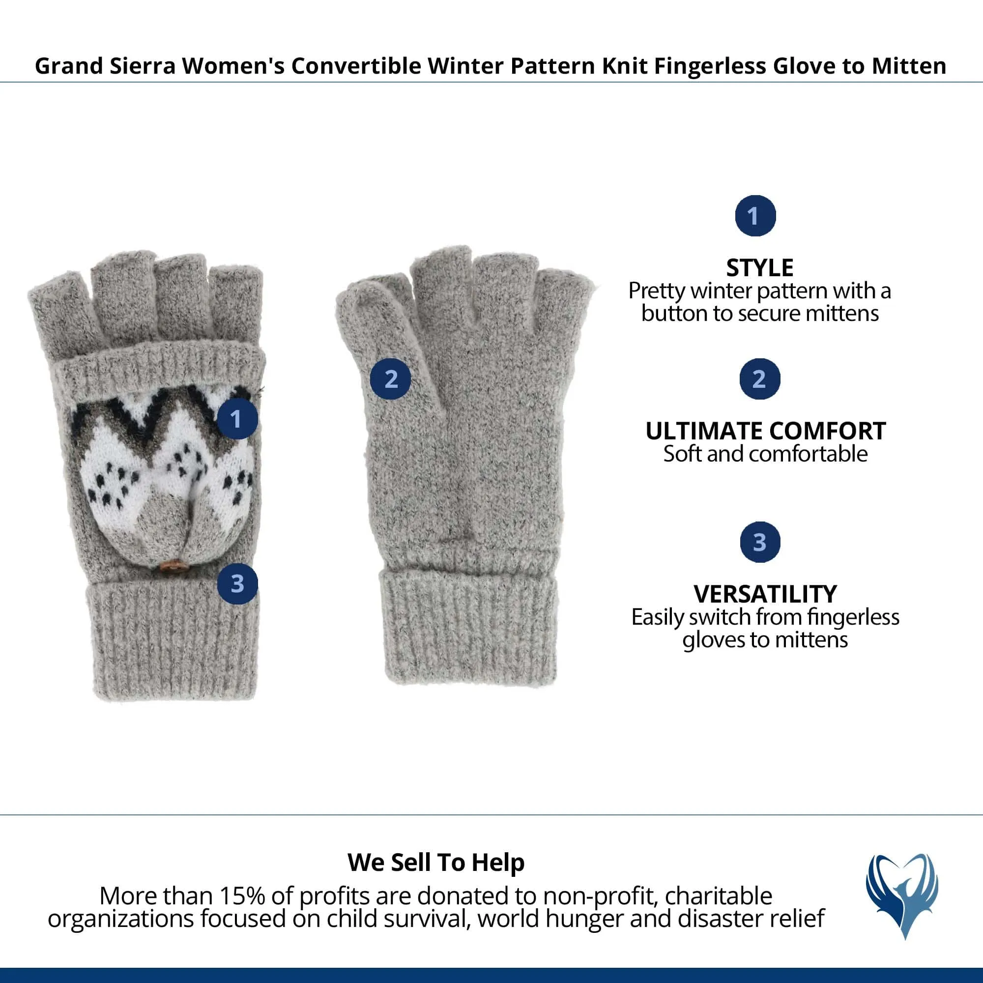 Grand Sierra Women's Convertible Winter Pattern Knit Fingerless Glove to Mitten