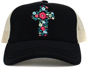 KBV1585 Floral Cross Meshback Trucker Cap