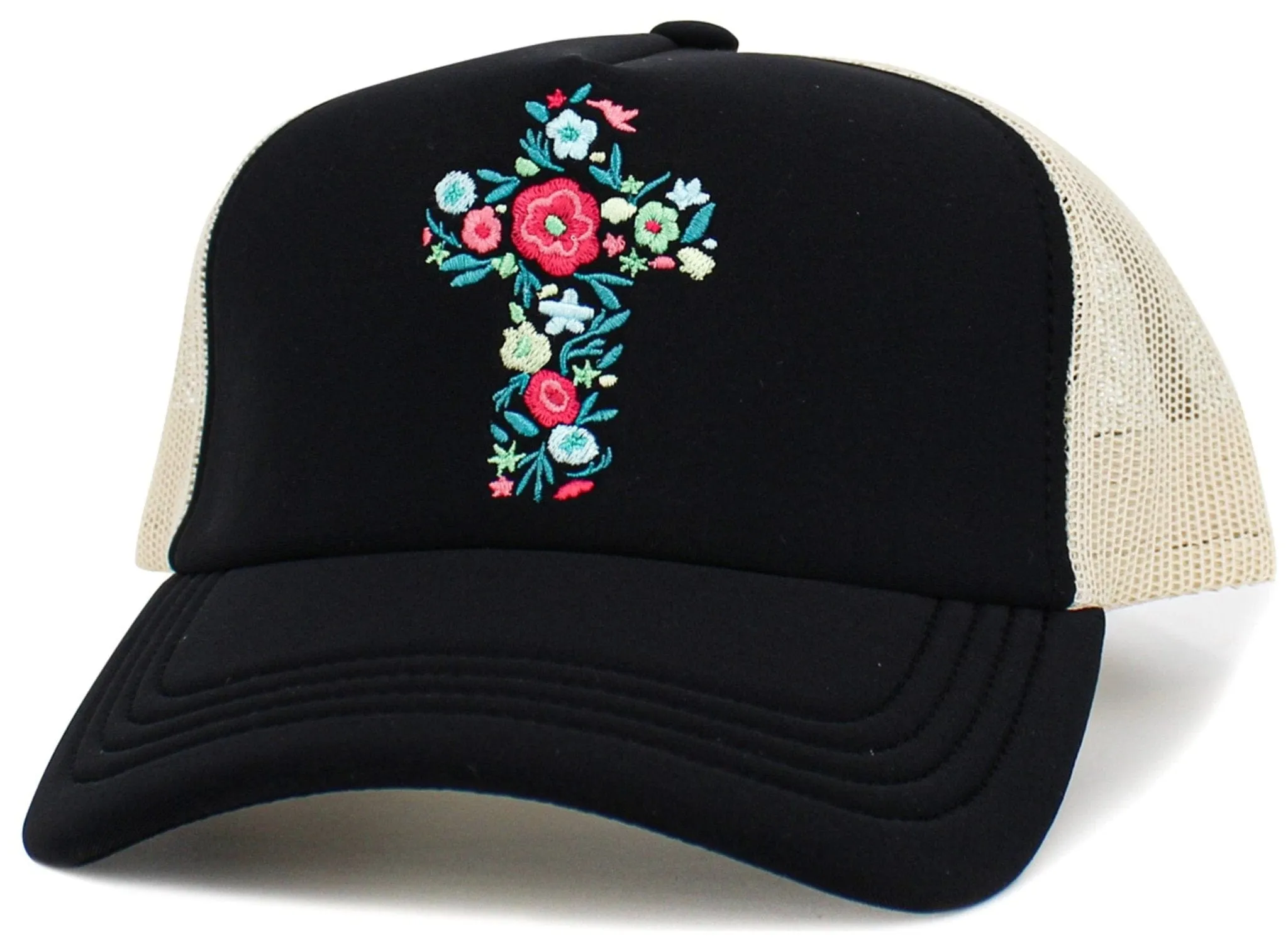 KBV1585 Floral Cross Meshback Trucker Cap