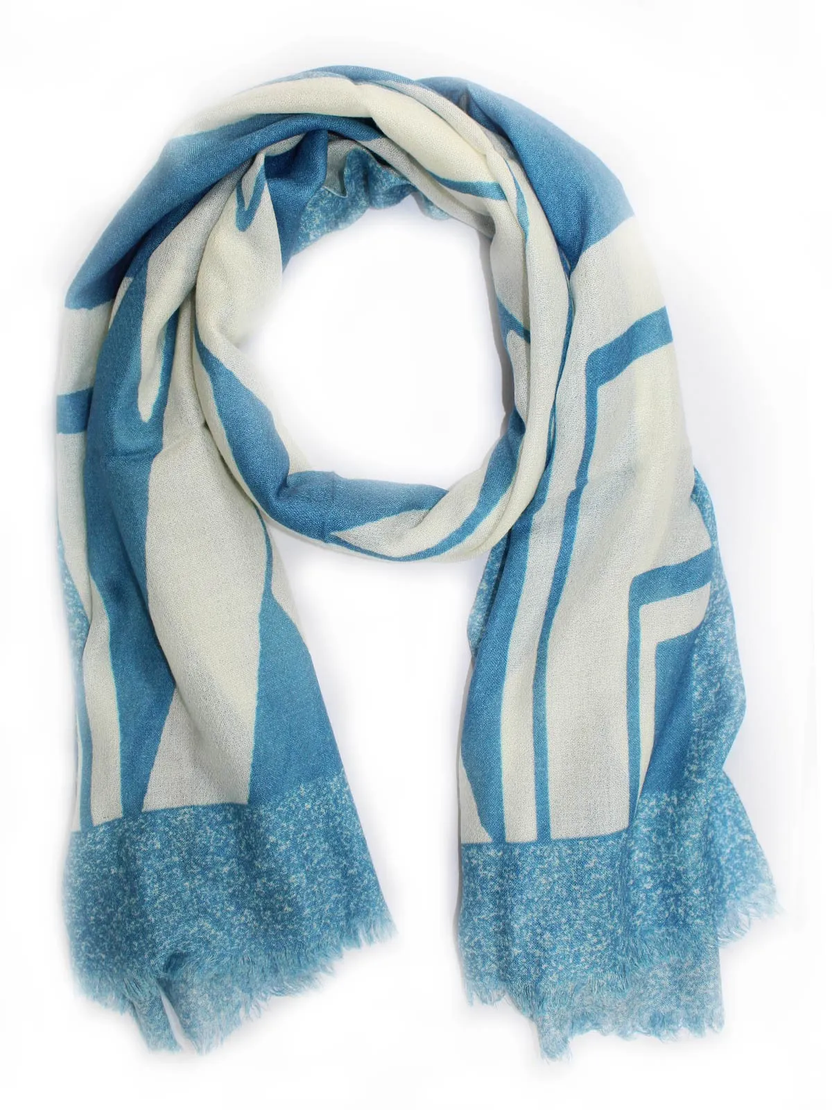 Kiton Scarf Aqua White Geometric Design - Cashmere Silk Shawl FINAL SALE