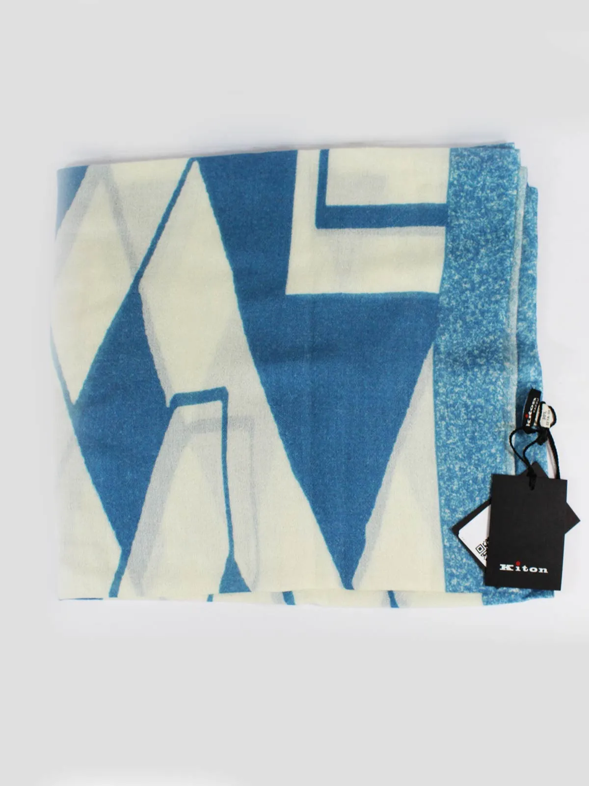 Kiton Scarf Aqua White Geometric Design - Cashmere Silk Shawl FINAL SALE