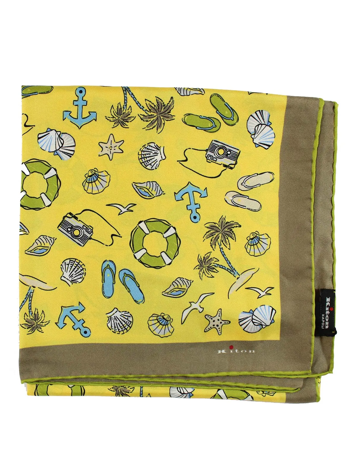 Kiton Scarf Yellow Beach Novelty - Square Twill Silk Foulard FINAL SALE