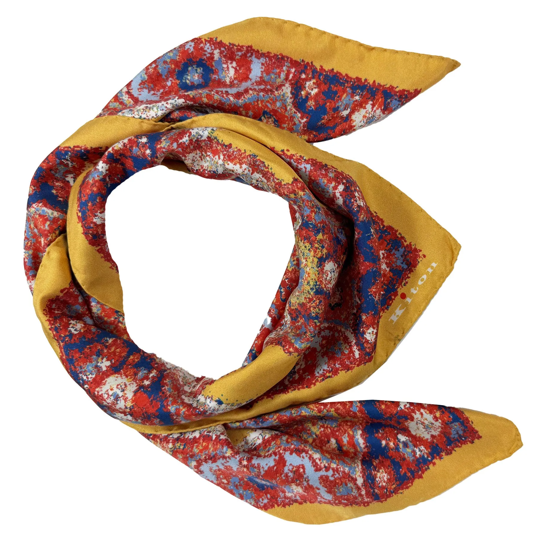 Kiton Women Scarf Olive Fire Red Paisley - Twill Silk Square Foulard