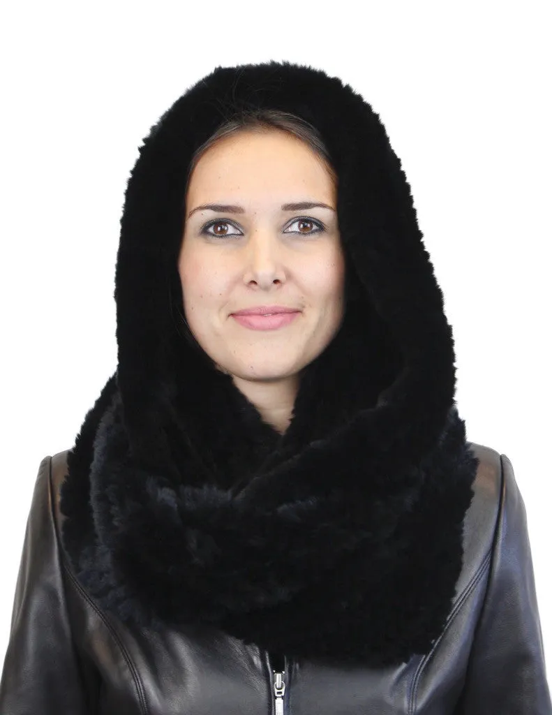 KNITTED REX RABBIT FUR HOODED INFINITY SCARF / NECK WARMER