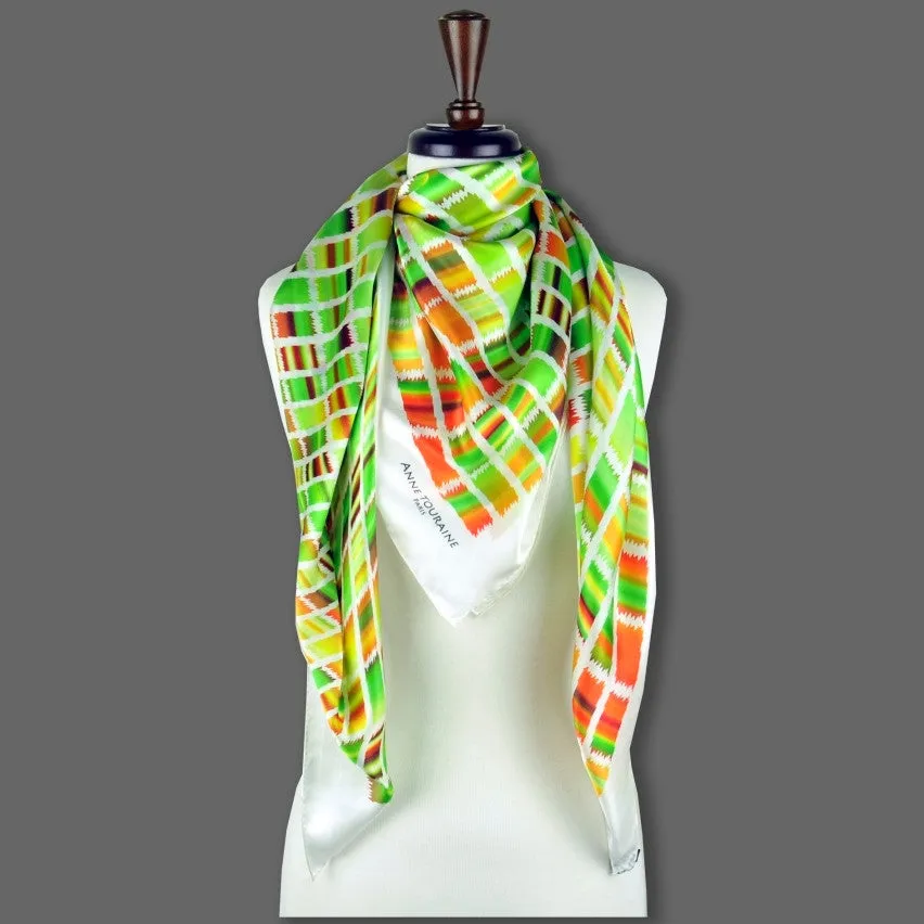 LARGE SILK SATIN SCARF - ETHNIC - Green & Brown - 47x47"