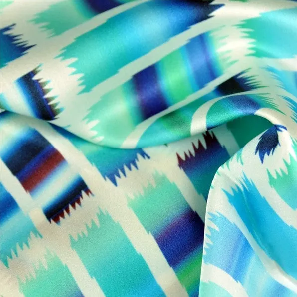 LARGE SILK SATIN SCARF - ETHNIC - Teal & Navy - 47x47"