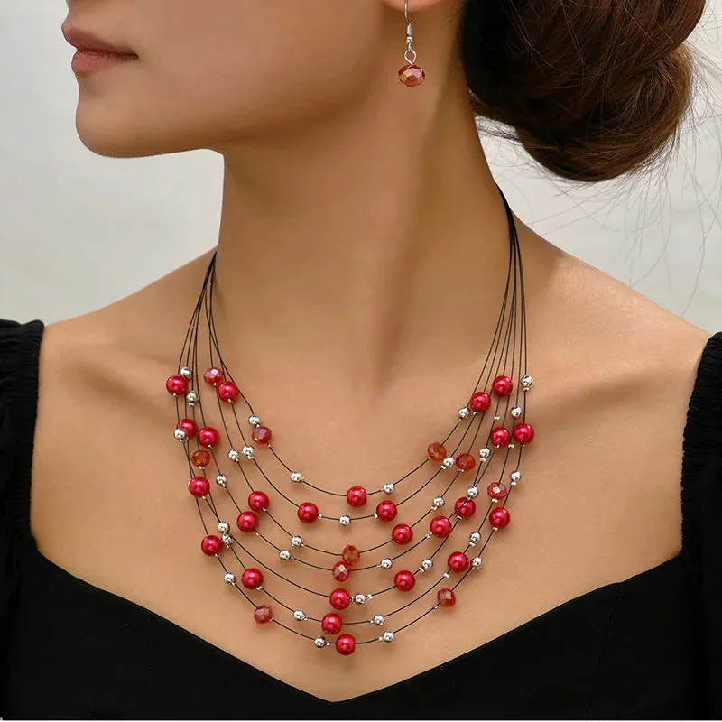 Layered Crystal Beads Statement Earring Wedding Party Accessories Vintage Necklace