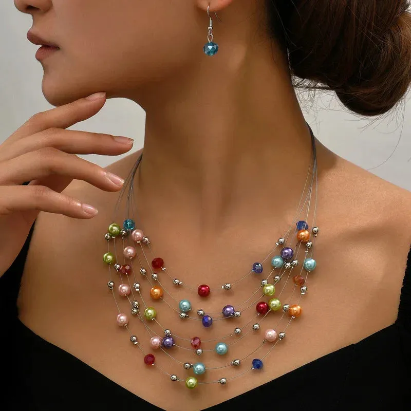 Layered Crystal Beads Statement Earring Wedding Party Accessories Vintage Necklace