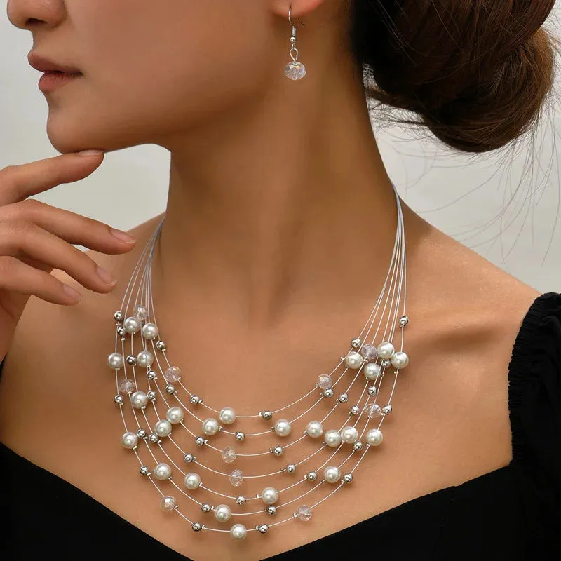 Layered Crystal Beads Statement Earring Wedding Party Accessories Vintage Necklace