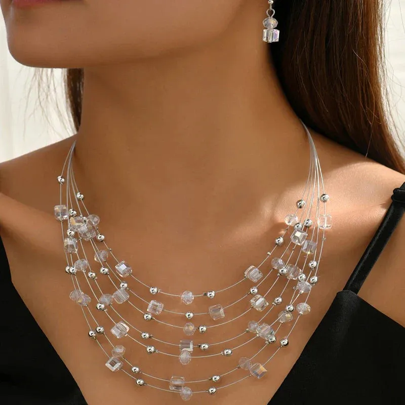 Layered Crystal Beads Statement Earring Wedding Party Accessories Vintage Necklace