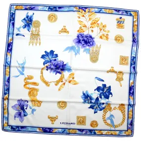 Leonard Paris Scarf Gold Blue Aqua Ornaments & Floral - Twill Silk Large Square Scarf