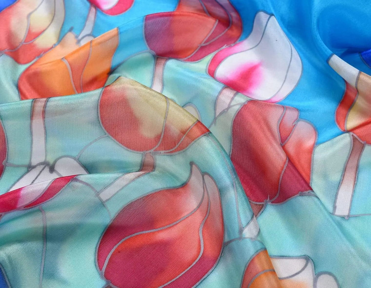 Long Hand Painted Silk Scarf - Tulips