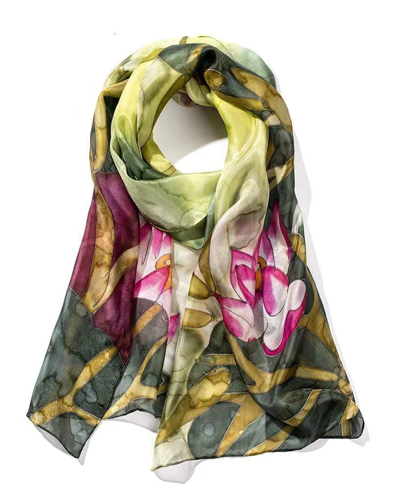 Long Hand Painted Silk Scarf - Water Garden